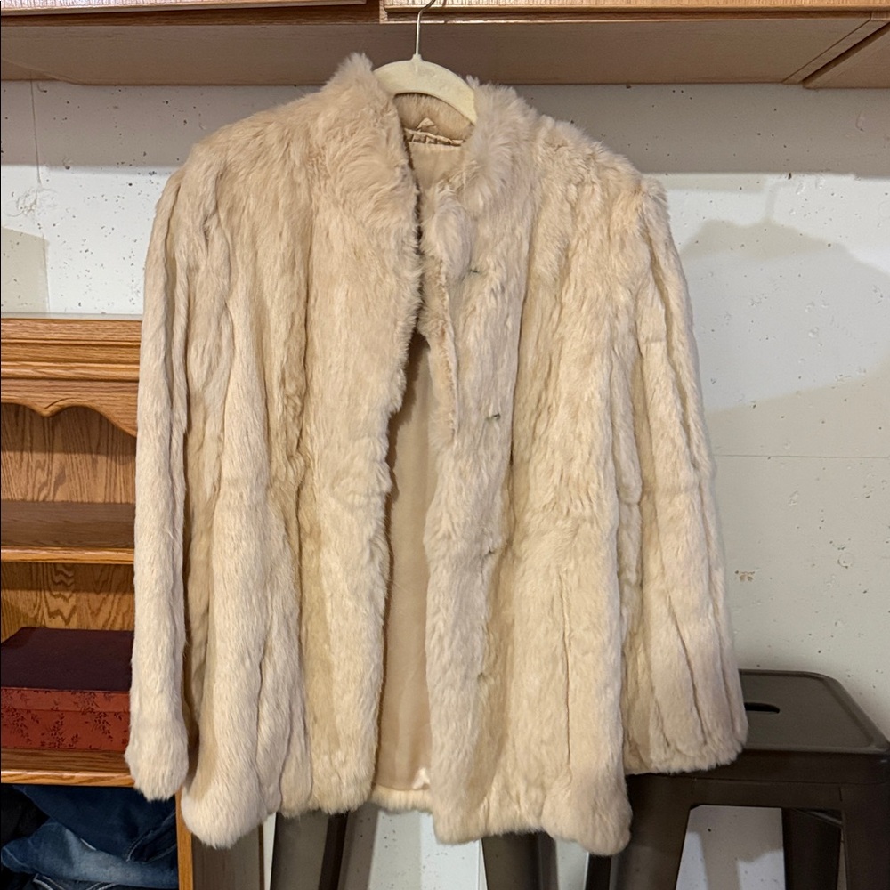 Vintage Rabbit Fur coat Ivory Satin Lined
